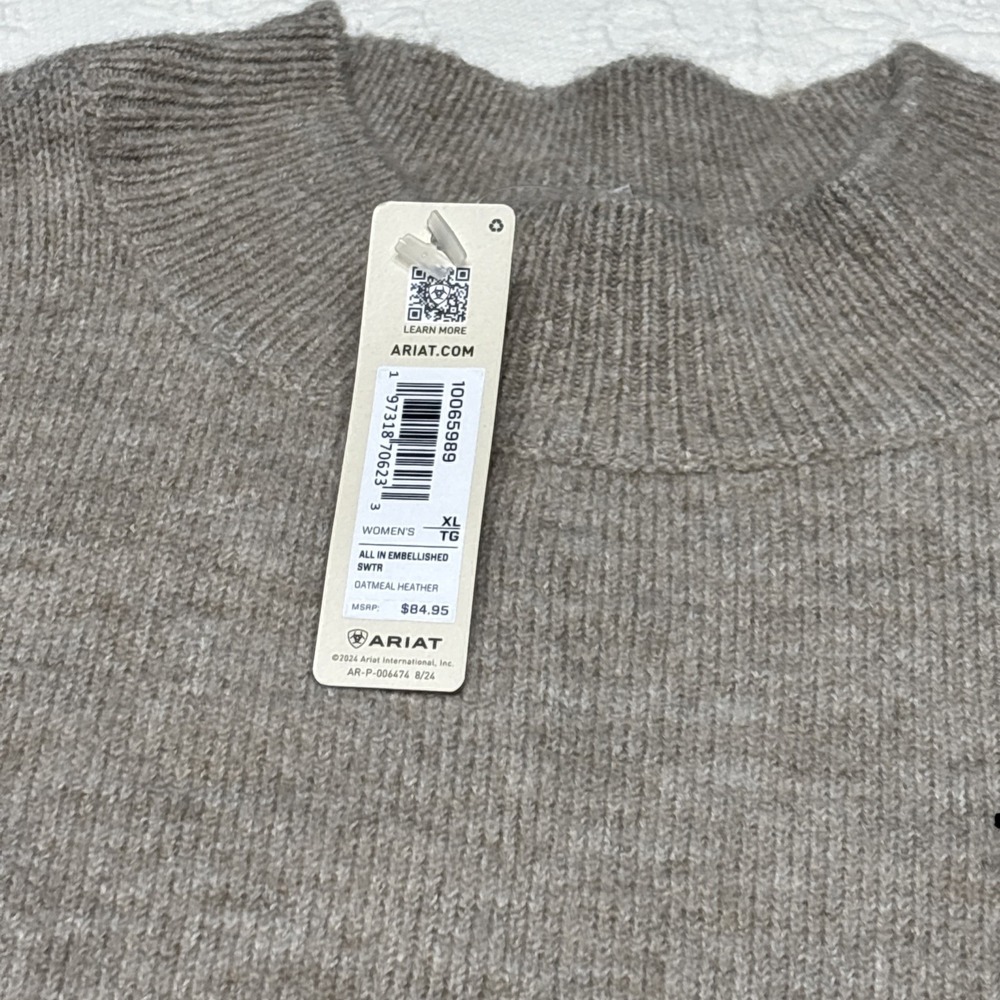 Ariat Beaded Floral Western Mock Neck Sweater NWT XL Oatmeal Heather - Picture 4 of 16